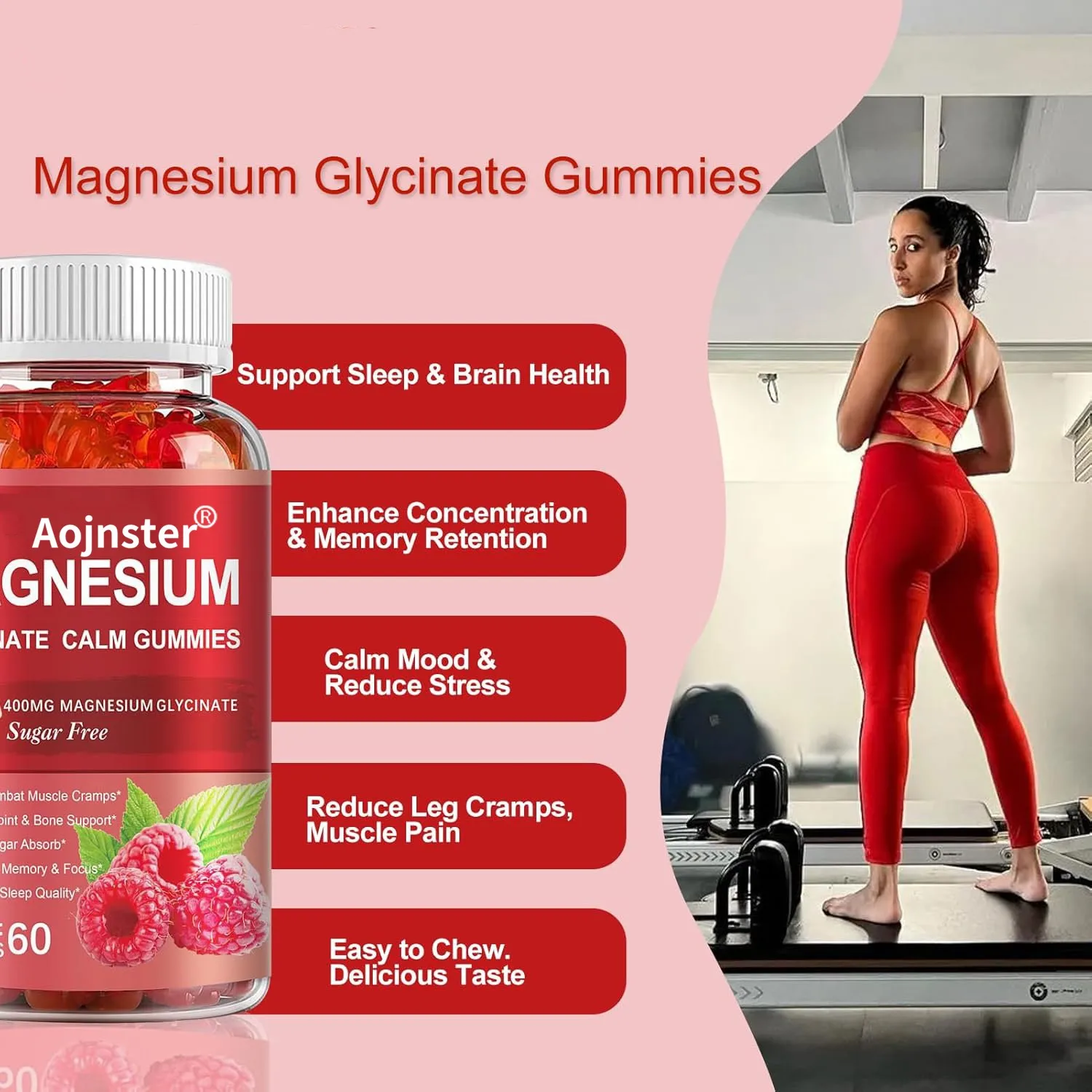 Magnesium Glycinate Calm Gummies 400mg, Sugar Free, Raspberry Flavor, Supports Muscle, 60 Gummies for Adults