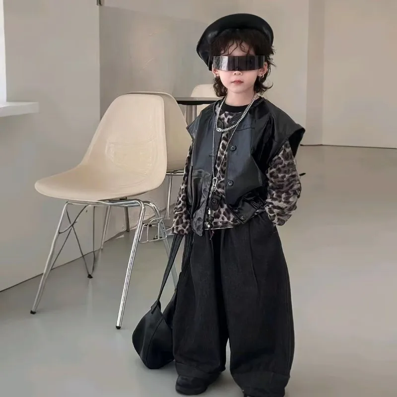 Children's Autumn New Fashion Versatile Leather Vest Leopard Print Bottoming T-shirt Top Jeans Trend Three-piece Set 2025