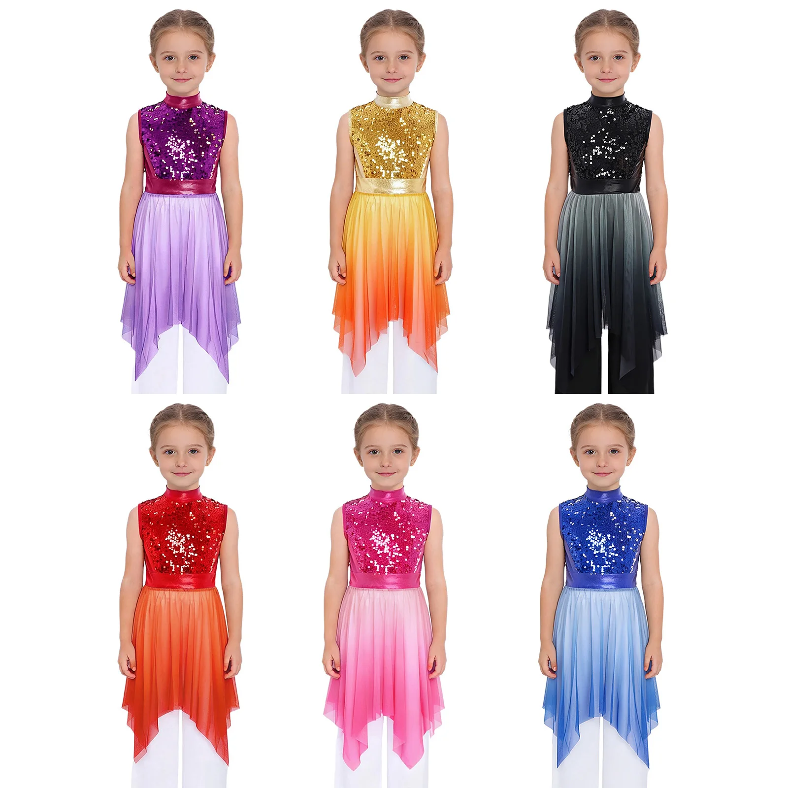 فساتين تونيك للرقص الغنائي للأطفال البنات مع ترتر لأداء الكنيسة والاحتفال