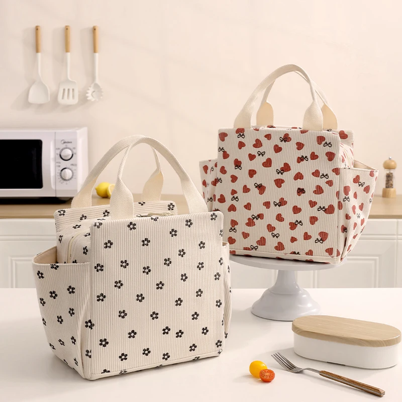 Corduroy Lunch Bag Thermal Insulation Lunch Box Storage Handbag Multifunctional Kid School Cooler Bag Picnic FoodPouch