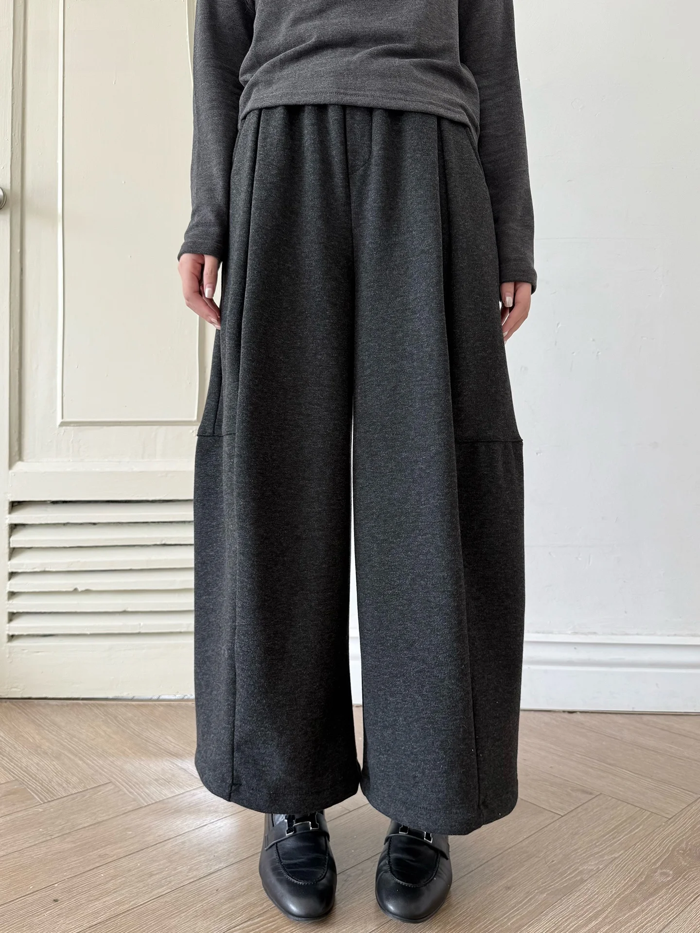 

Thickened Fleece Casual Pants Wide Leg Nine Points Baby Velvet Composite Dark Style High Waist Cotton Blend Ladies Trousers