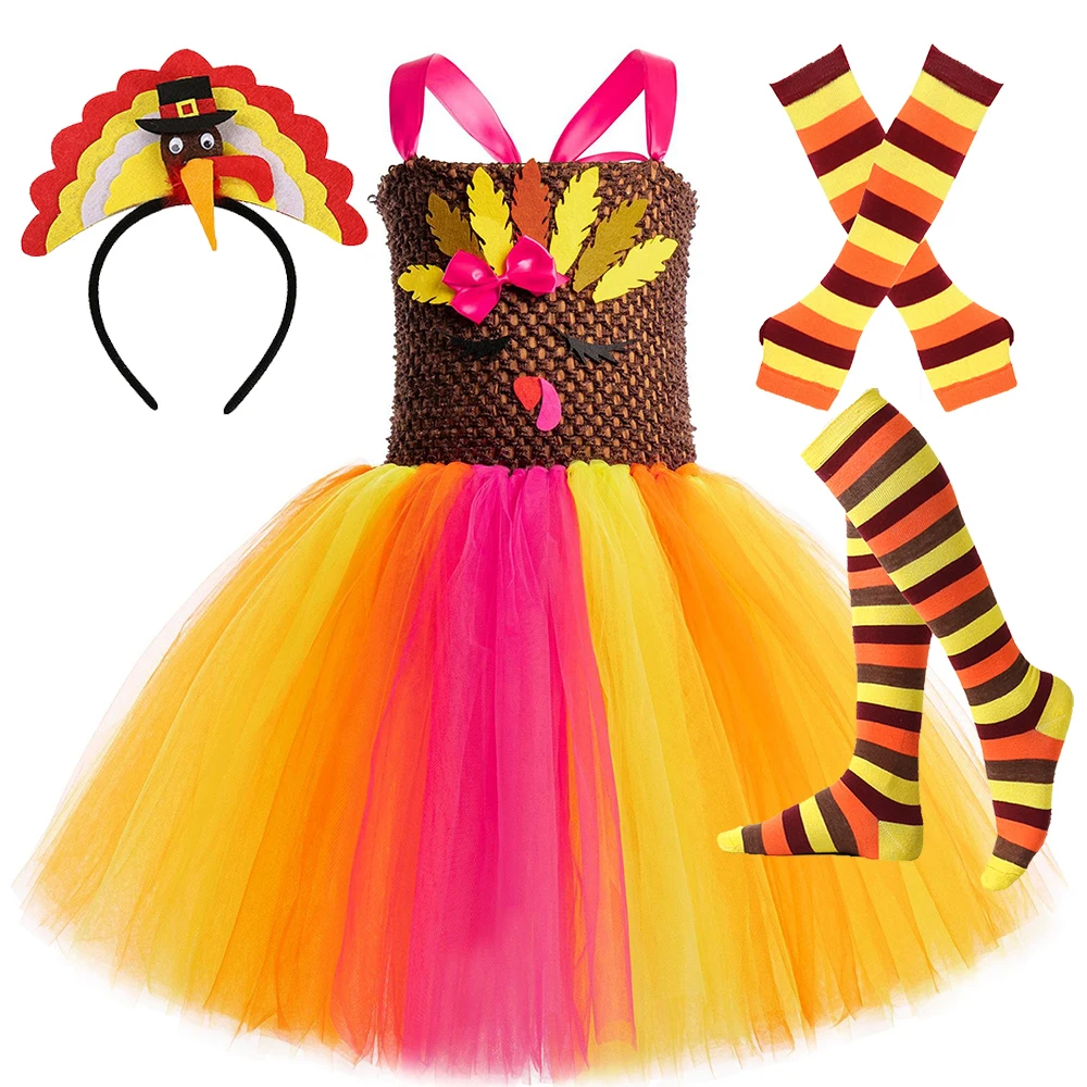 Fall Colors Turkey Costumes for Girls Thanksgiving Holiday Tutu Dress for Kids Thanks Giving Party Outfit Child Carnival Clothes