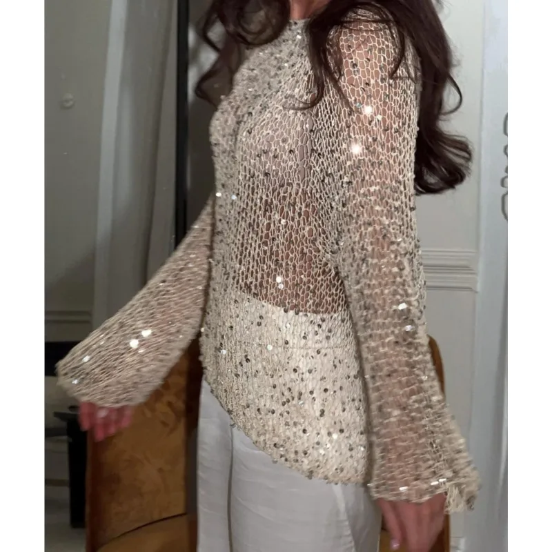 

Sequins Hollow Out Pullovers Women Loose O-neck Long Sleeve Knit Sweaters Female 2025 Autumn New Shinny Chic Evening Shirts Lady