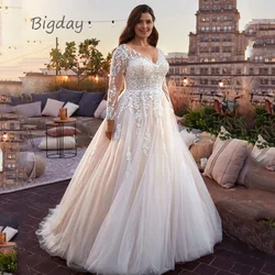 Robe de mariée élégante à col en V pour femmes, grande taille, dentelle, manches longues, blanc, dos ouvert, robe de patients, train, éducatif, personnalisé