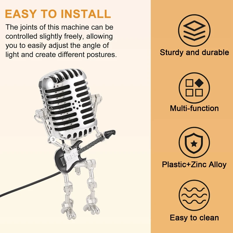 ABKO-Mic Robot,Retro Style Microphone Robot Table Lamp,Holding Guitare Night Light,Vintage Microphone Robot Desk Lamp