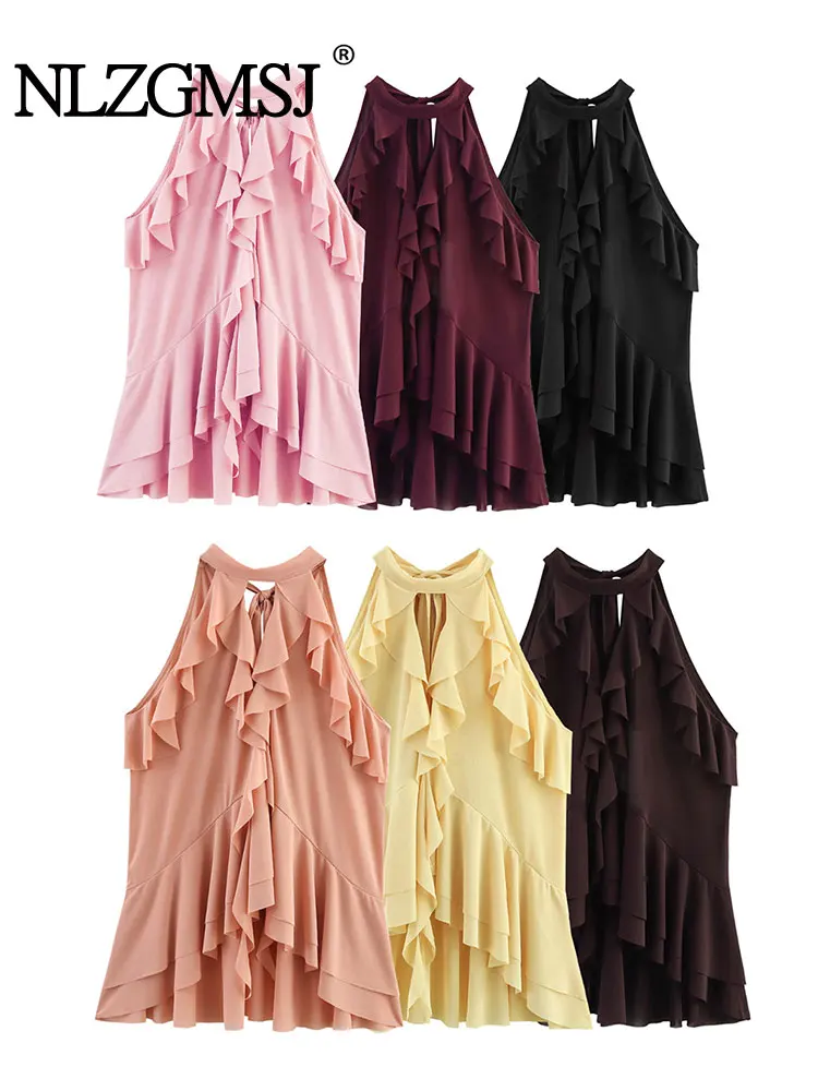 

2025 Summer Ruffles Short Top Women Sleeveless Halter Tops for Women Elegant Crop Sexy Ladies Tank Top ﻿
