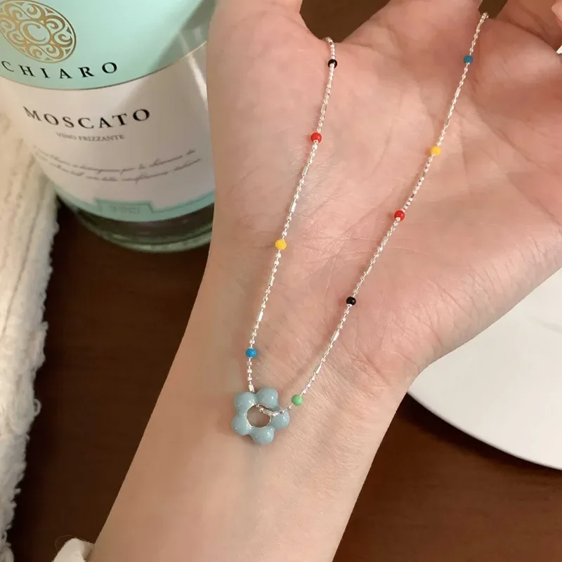 Sterling Silver Necklace With Simple Geometric Multicolour Beads Choker Shiny Delicate Collarbone Chain For Women's