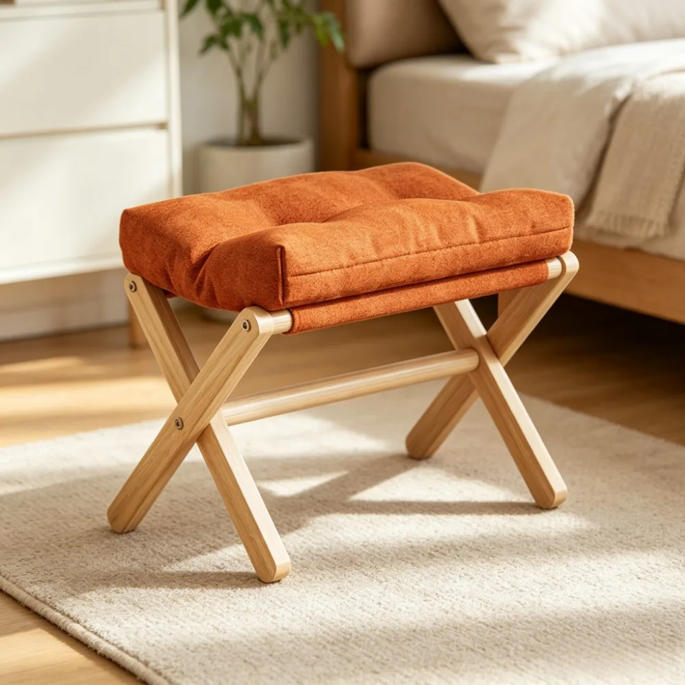 Portable Wooden Footrest Stool Plush Cotton Padded Ottoman Small Bench for Living Room Bedroom Hallway Seat Home Furniture