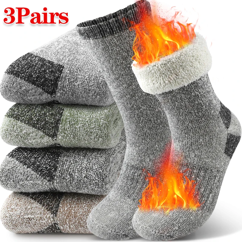 

3Pairs Winter Men Socks Super Thick Thermal Mid Calf Socks Warm Wool Skiing Sports Socks