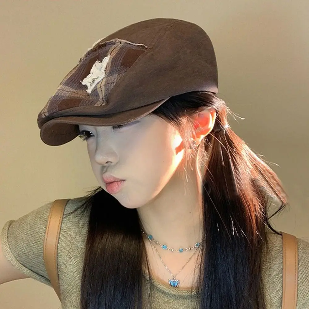 

Casual Vintage Star Plaid Beret American Versatile Newsboy Cap Y2k Brown Painter Cap Streetwear