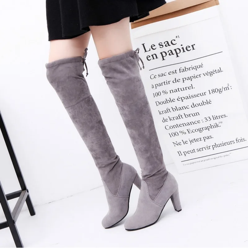 Женские сапоги из флока на квадратном каблуке со шнуровкой выше колена, пикантные серые туфли на высоком каблуке, утягивающие эластичные сапоги, женская обувь 35–43 Женские сапоги из флока на квадратном каблуке со шнуровкой выше колена, пикантные серые туфли на высоком каблуке, утягивающие эластичные сапоги, женская обувь 35–43