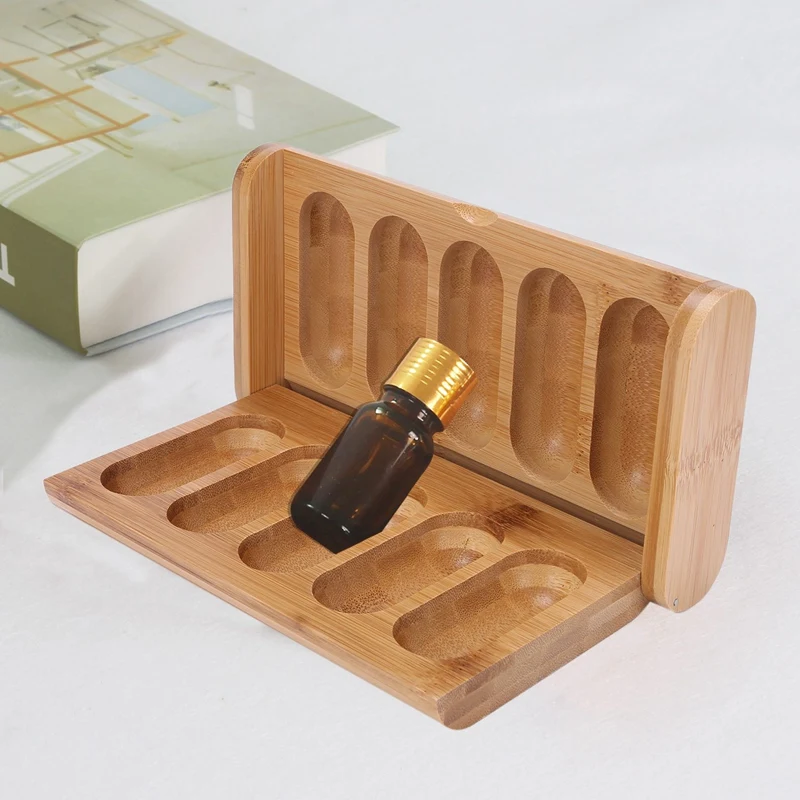 Essential Oils Bamboo Box 5 Holes 10Ml Bottles Spa Yoga Club Aromatherapy Container Organizer Cosmetic Oil Display Stand