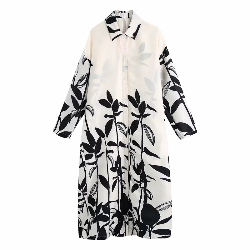 

New Long Sleeved Printed Loose Dress for Women Summer Fashion Black White Long Dresses Buttons Up Modest Beach Vestidos Fiesta