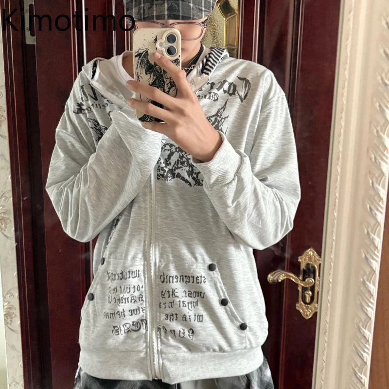 

Kimotimo Vintage Printed Hoodies Women Harajuku Y2k Aesthetic Loose Zipper Hooded Coats 2025 Autumn Street Gothic Sweatshirt Ins