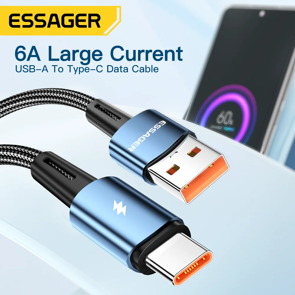 Essager 120W 6A USB C Cable Super Fast Charge Type-C Charger Data Cable For Xiaomi 12Pro Redmi K50 Note 11Pro Black Shark 5Pro