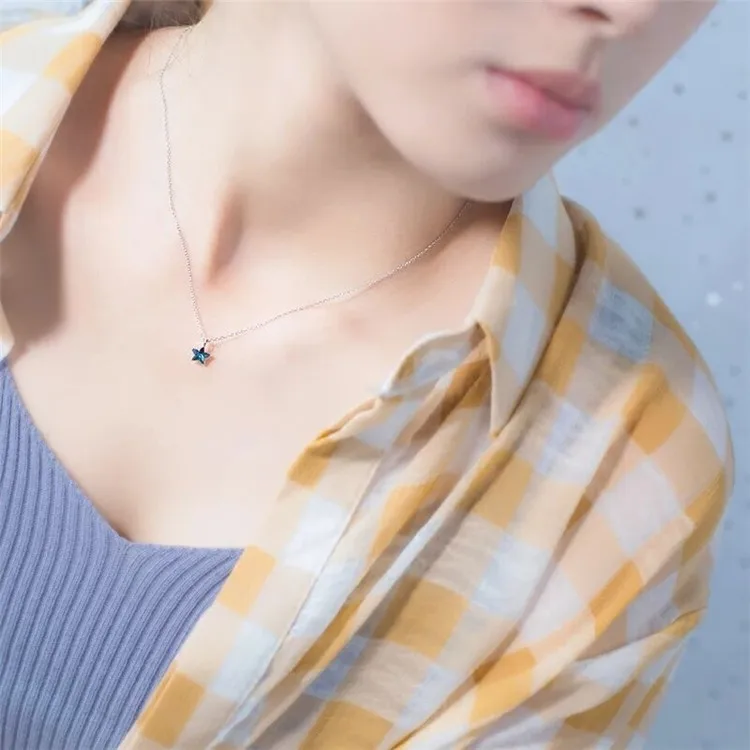 Fresh Blue Crystal Cute Star Mini 925 Sterling Silver Clavicle Chain Temperament Trendy Female Necklace NE154