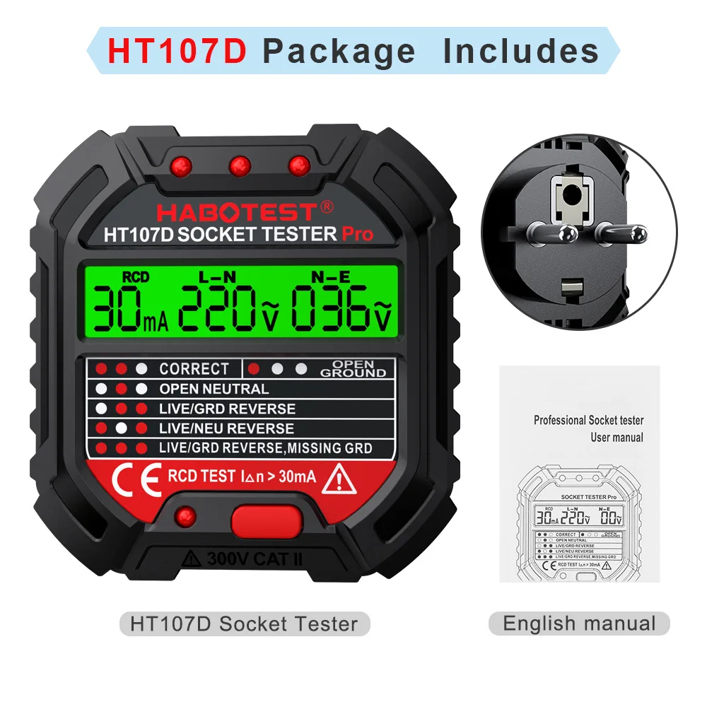 HT107D socket tester (European standard), electrical power supply live wire polarity detection, socket phase sequence detector