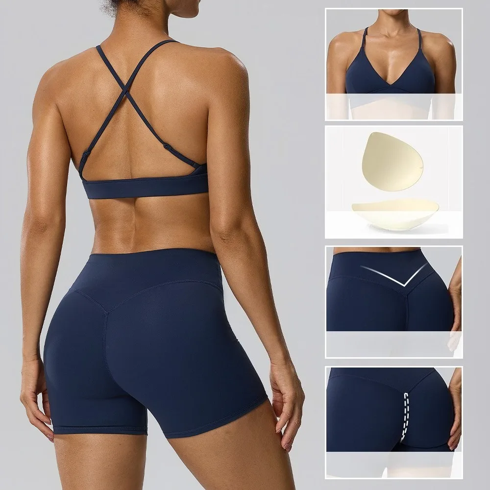 Women 2Pcs Double‑Sided Brushed Yoga Set Sports Bra Booty Shorts High Elastic Fitness Workout Two‑Piece Sports Outfit
