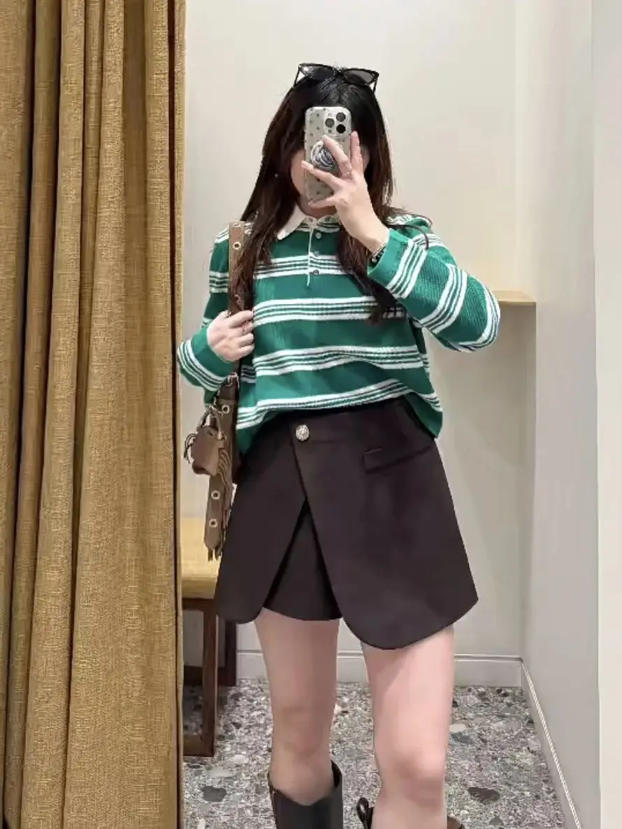 

Early Spring 2026 Women Green Striped Sweater Front Buttons Color Contrast Turn-down Collar Long Sleeve Casual Knitted Pullover
