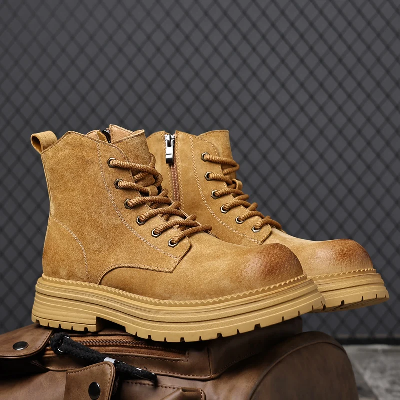 

Мужские ботинки из натуральной кожи, кожаные ботинки средней высоты, туфли с высоким берцем, уличная кожаная обувь, работа, увеличивающая рост на толстой подошве