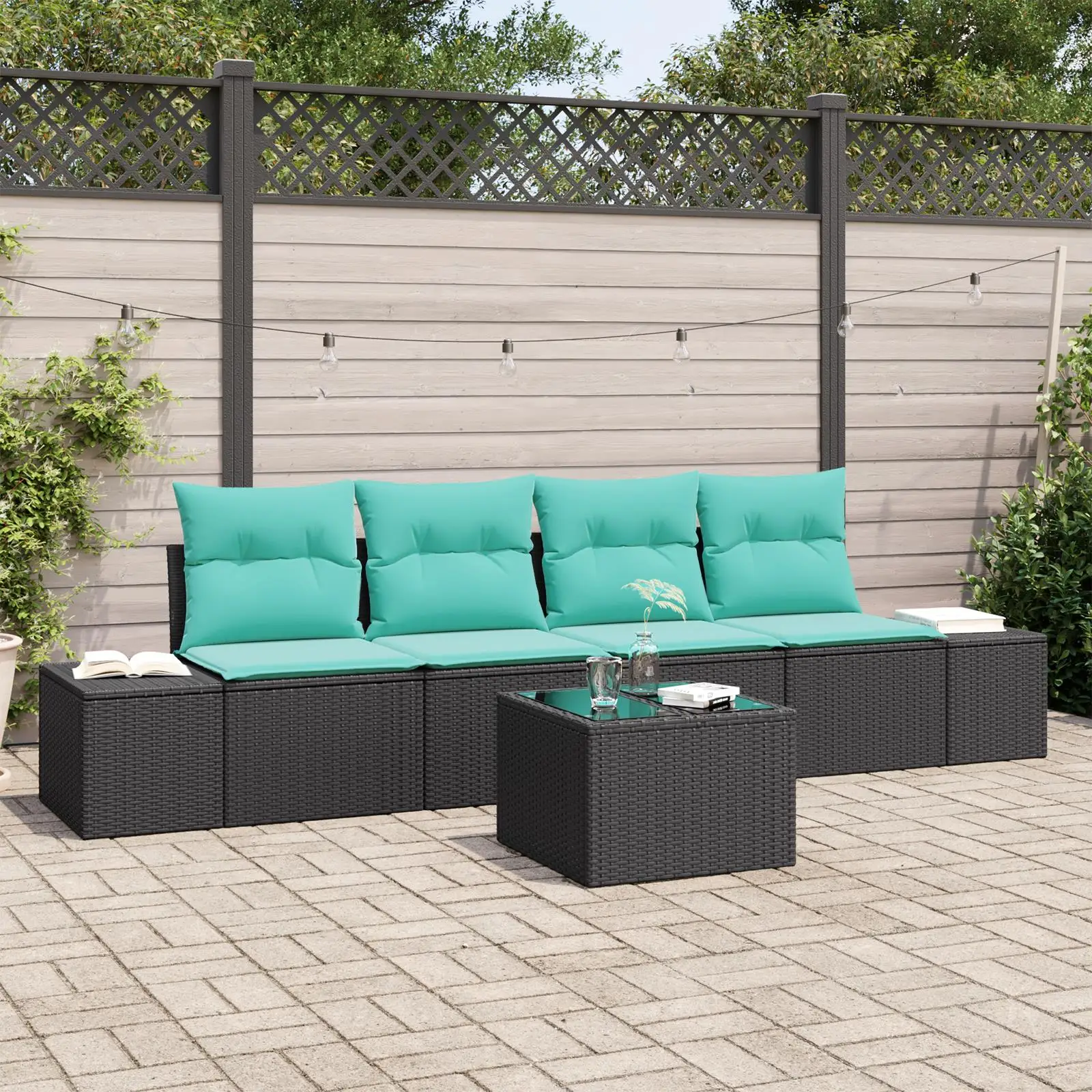 

5 Piece Outdoor Garden Sofa Set with Cushions Stylish Black Poly Rattan Patio Furniture