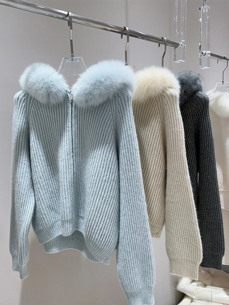 

Весна-Осень 2022, женский кардиган из натурального лисьего меха, куртка с капюшоном из натурального лисьего меха, украшение, женский свитер, пальто