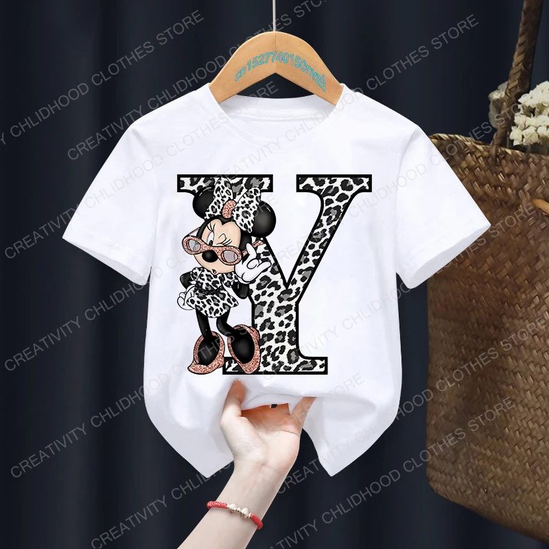 Camiseta de Minnie con letras A, B, C y D para niños, camiseta Kawaii de Disney, ropa informal de dibujos animados de Anime, camiseta de manga corta