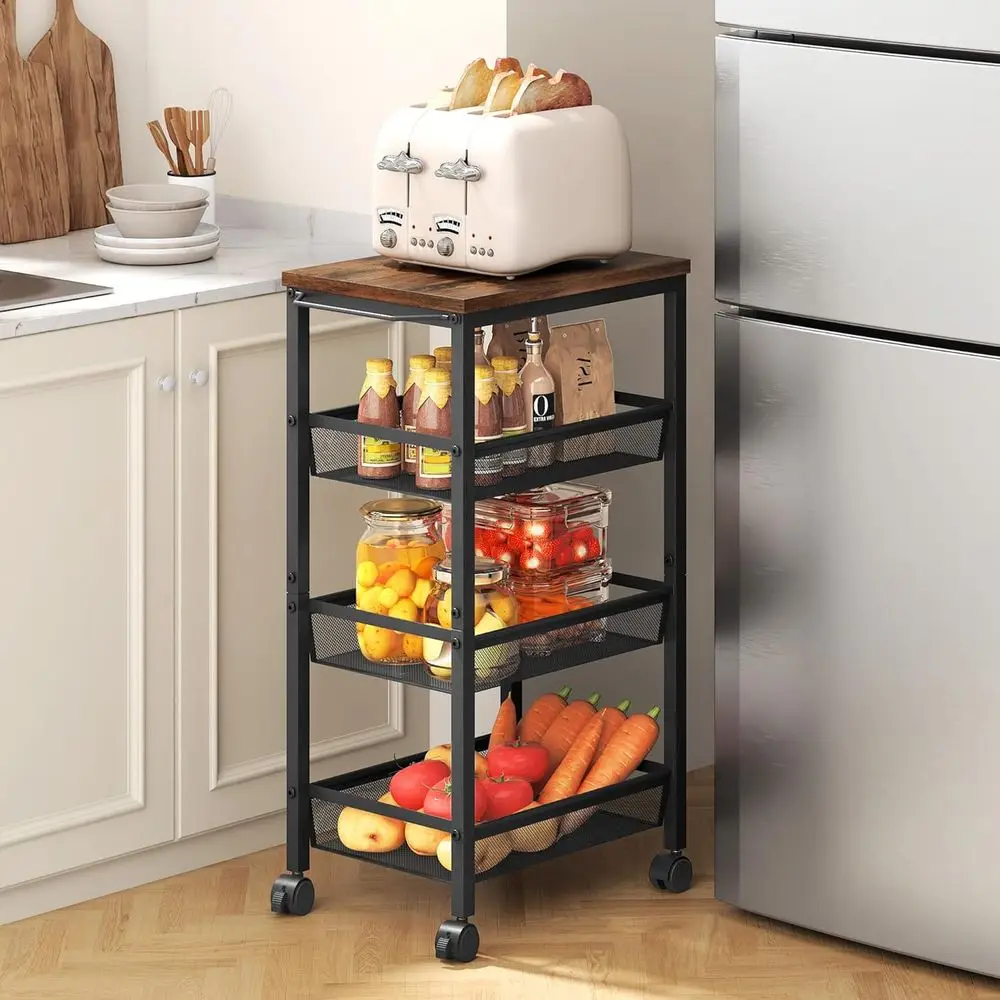 

Rolling Storage Cart, 4-Tier 11.8" Wide Panel Kitchen Storage Cart, Utility Carts with Handle & Wheels, Mobile Shelving Unit