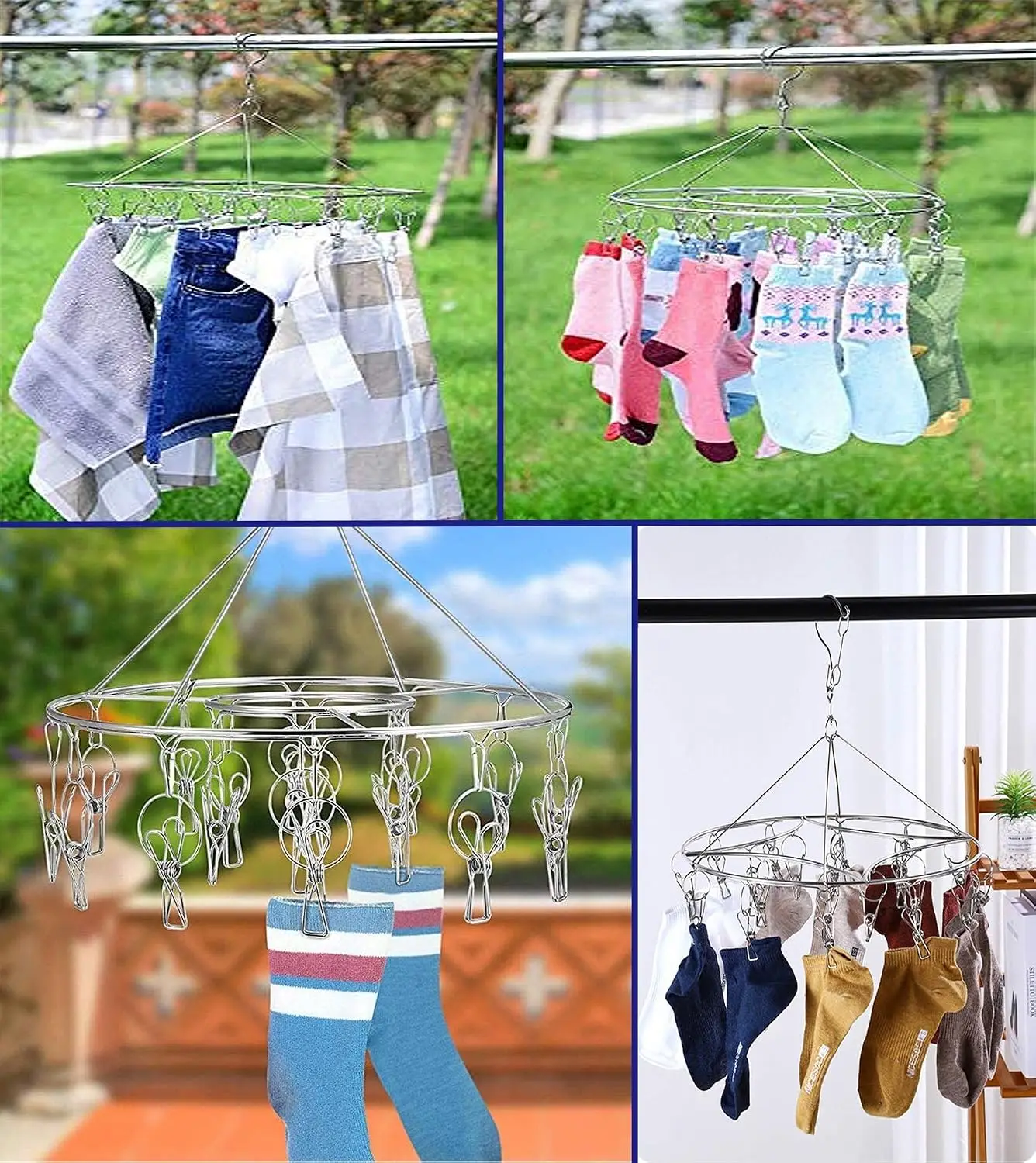 2 Pack Stainless Steel Round Hanging Drying Rack with 20 Clips for Drying Socks, Baby Clothes, Bras, Towel, Underwear, Hat, Scar