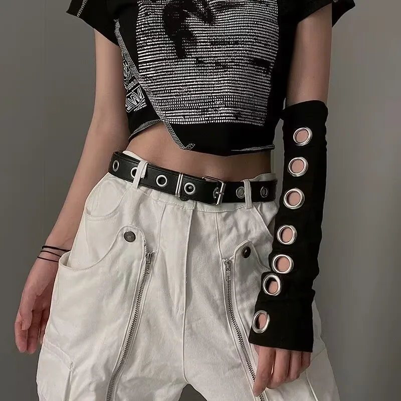 Harajuku غطاء للذراع أسود الشرير Outsleeve المعادن العيينة غطاء للذراع القوطية الجوف خارج أكمام أذرع تبريد للحفلات ارتداء اليومي موضة