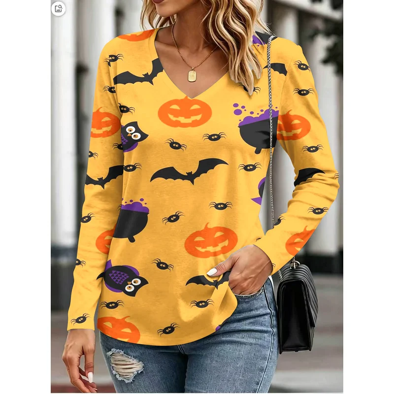 Women's pumpkin smiley face printVCollar Long SleeveTShirt Top Comfortable breathable and figure-flattering top