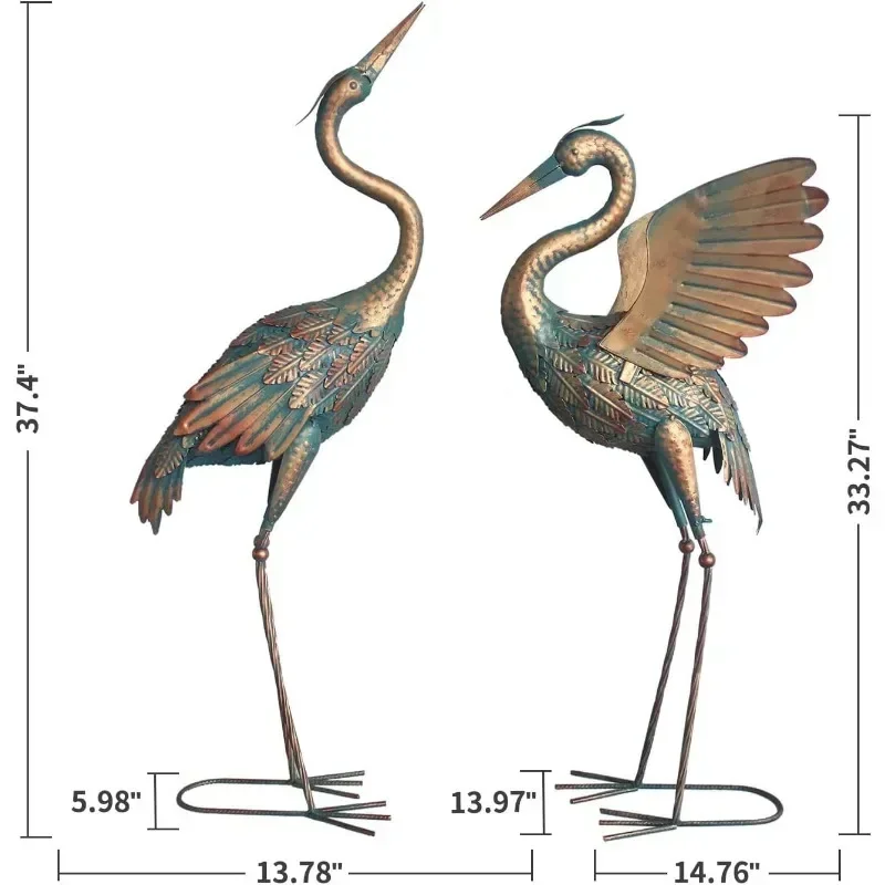 38cm A Pair Red-crowned Crane Bird Metal Sculpture Iron Statue Outdoor Yard Lawn Backyard Garden Floor Standing Decor Ornament