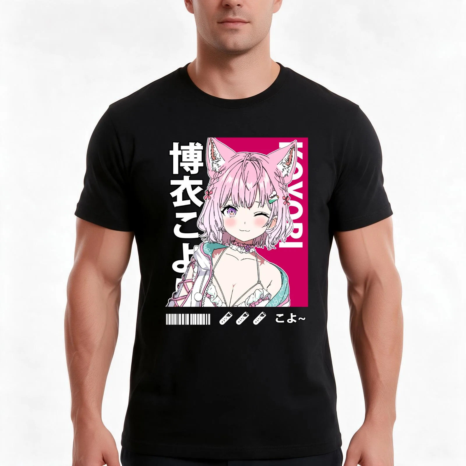 Hakui Koyori Short Hair Wink T-Shirt, Summer Casual Cotton Tee, Oversized Streetwear Tops, Vintage Graphic Print, 100% Cotton