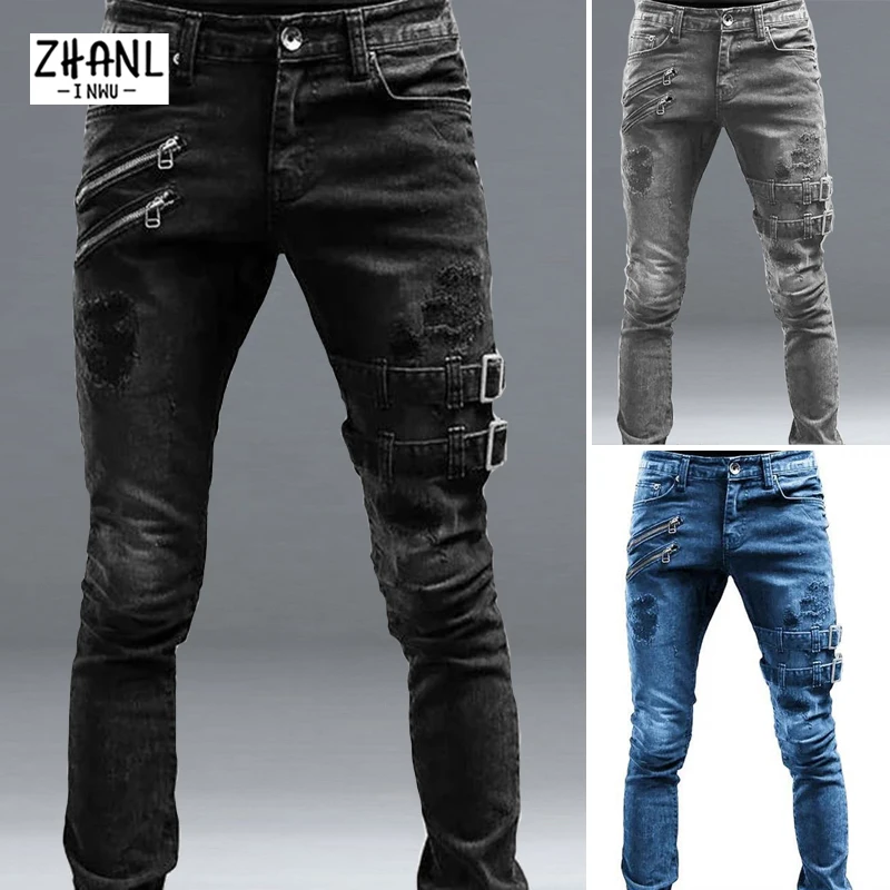 Harajuku streetwear masculino calças de brim dos homens motociclista longo denim calças finas estudantes diário casual rasgado jeans preto juventude