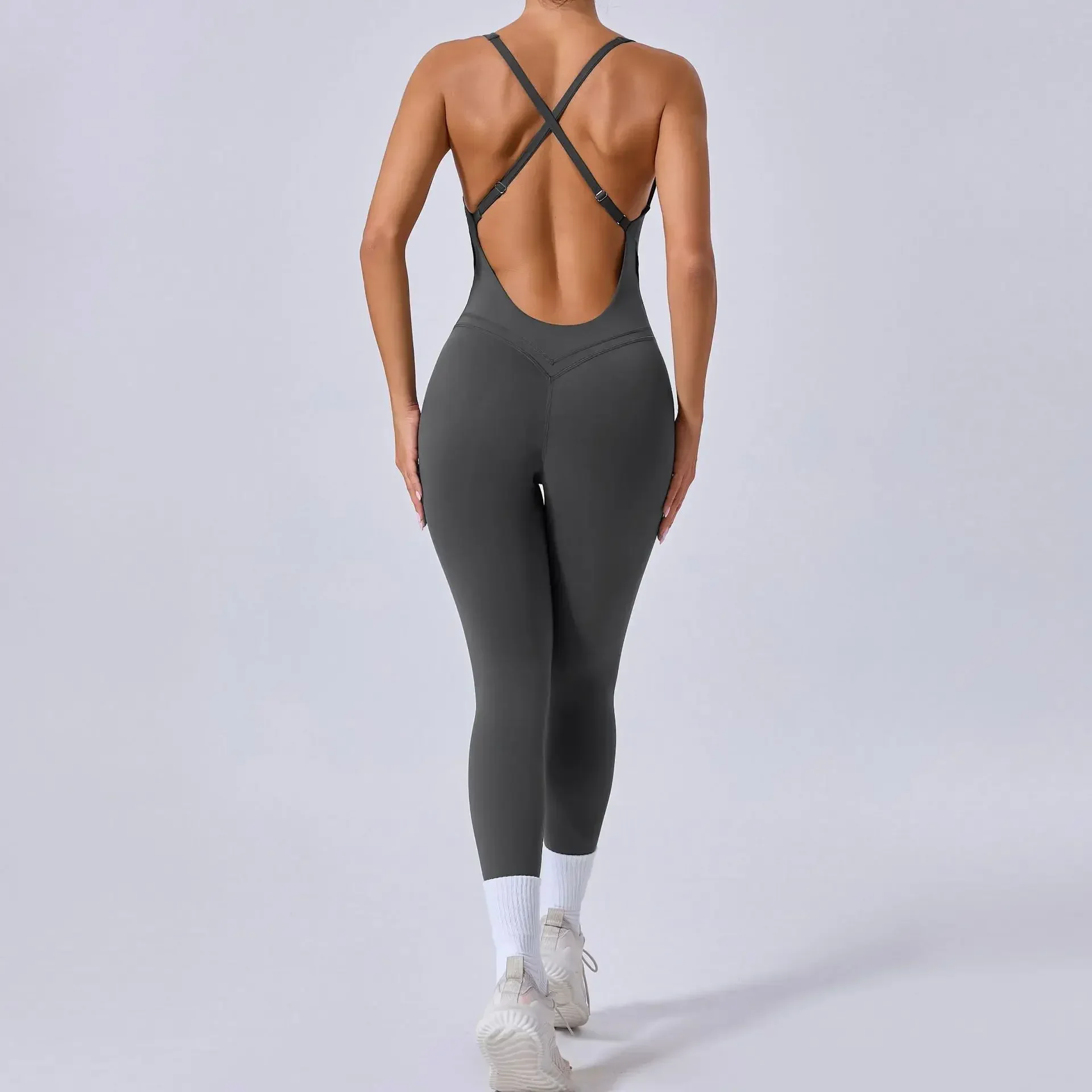 

Sexy Cross Backless Bodycon Sporty Jumpsuit with Cups Women One Piece Gym Workout Outfit Sportswear Sleeveless Fitness Overalls