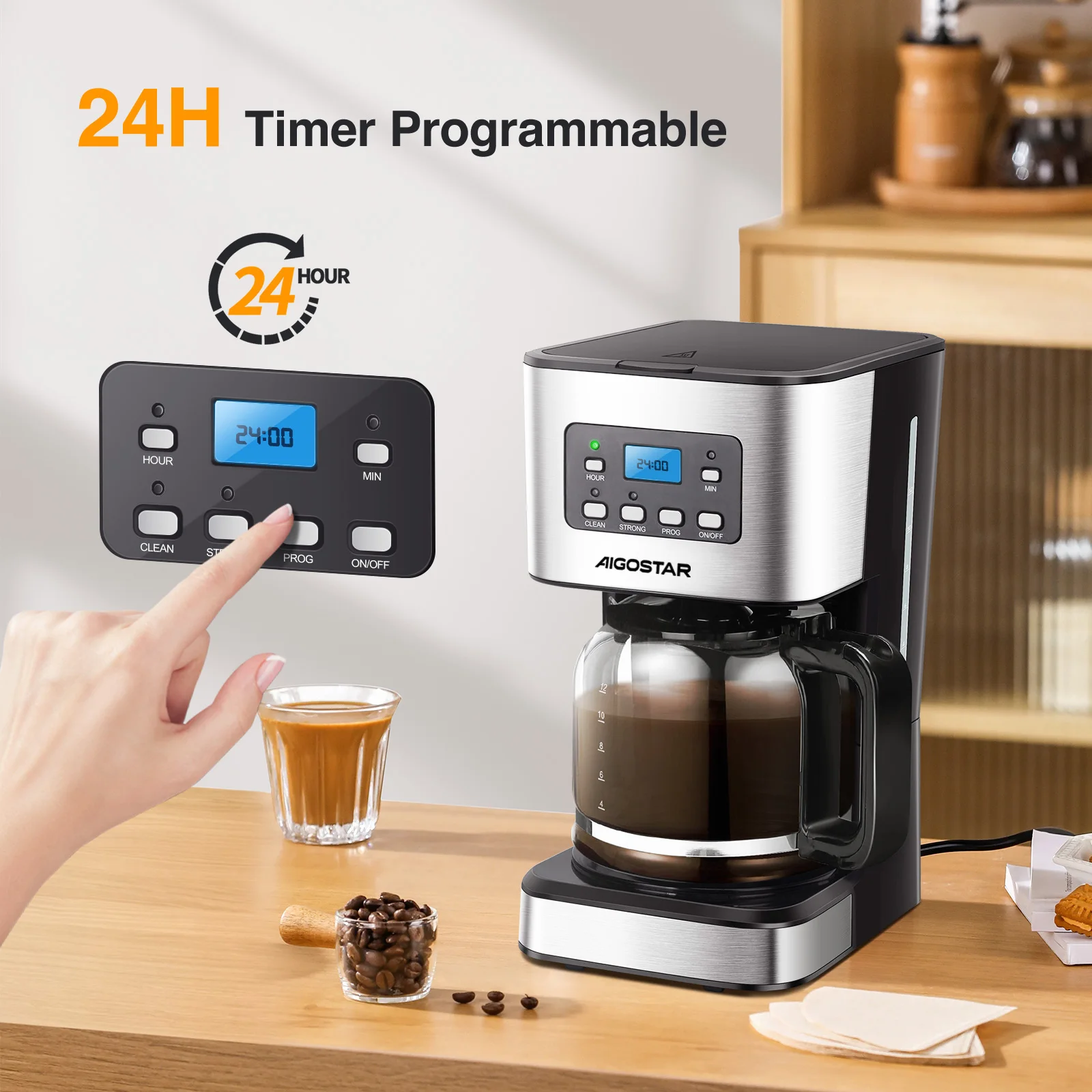 ماكينة صنع قهوة بالتنقيط الكهربائية ، فلتر قابل لإعادة الاستخدام ، شاشة LCD ، قابلة للبرمجة 24 ساعة ، تنظيف ذاتي ، 12 كوب ، سعة