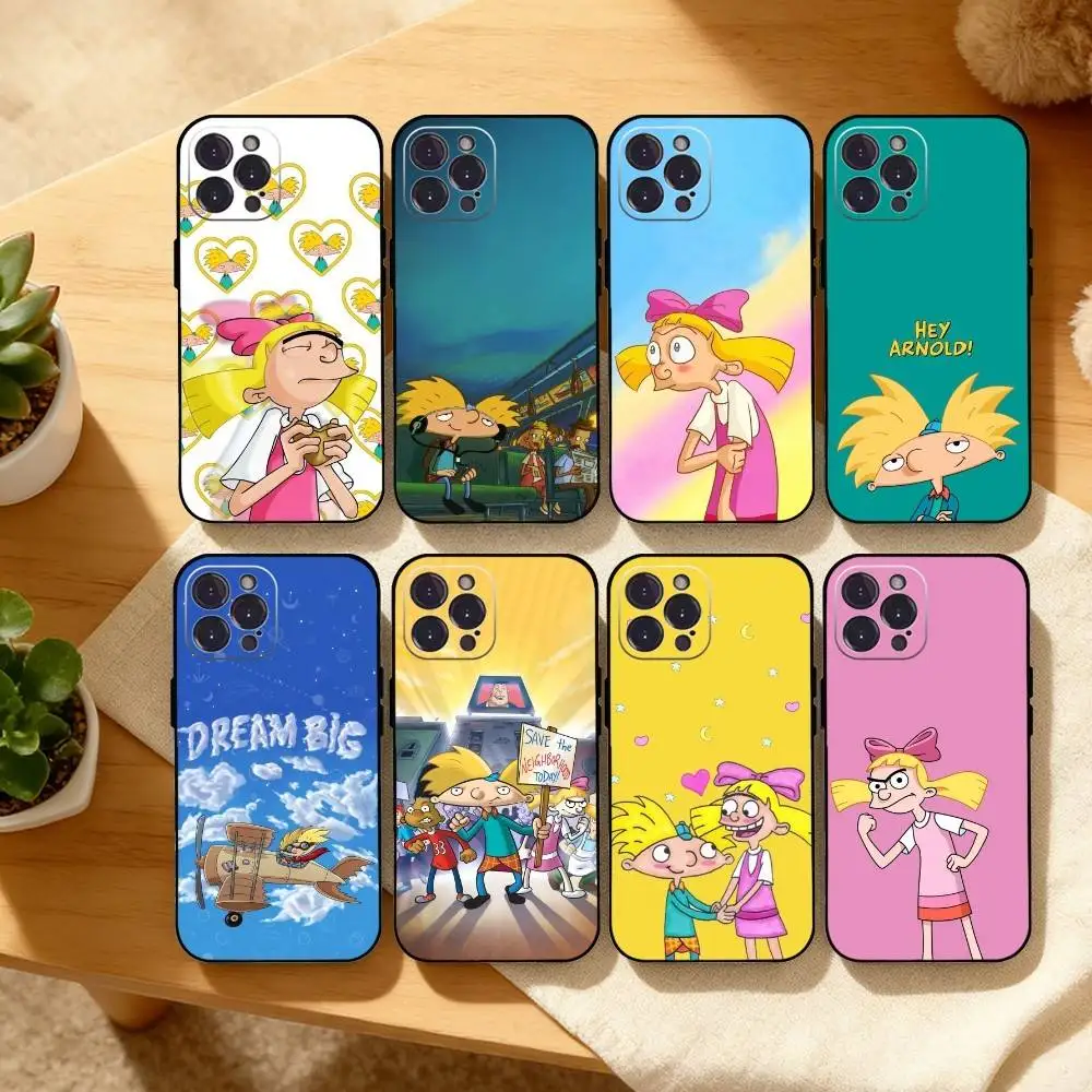 Funda para Teléfono Hey A-Arnold H-Helga para iPhone 17, 16, 15, 14, 13, 12, Plus, Pro Max, 5G y Otros, Cubierta Negra Suave