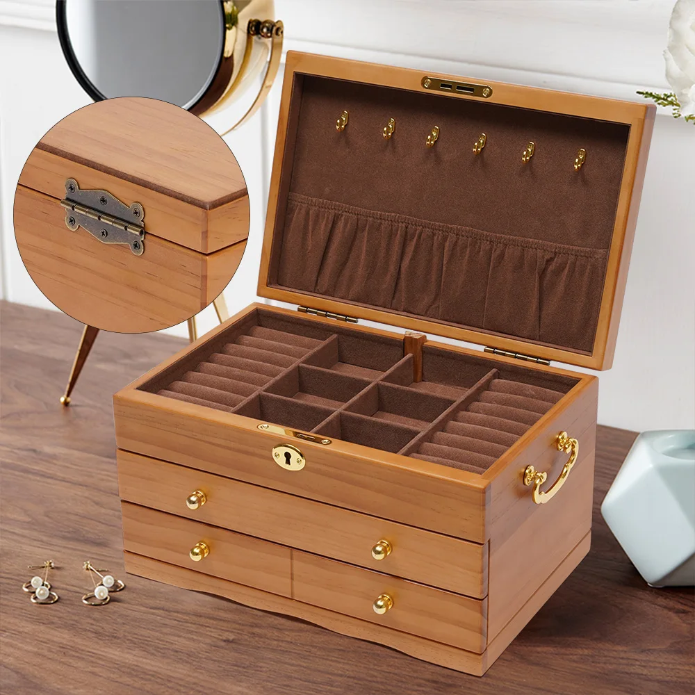 

Wood Jewelry Box Large Wooden Storage Box 3-Layer Lockable Desktop Jewelry Case Cabinet Gift Box for Earring Ring Necklace