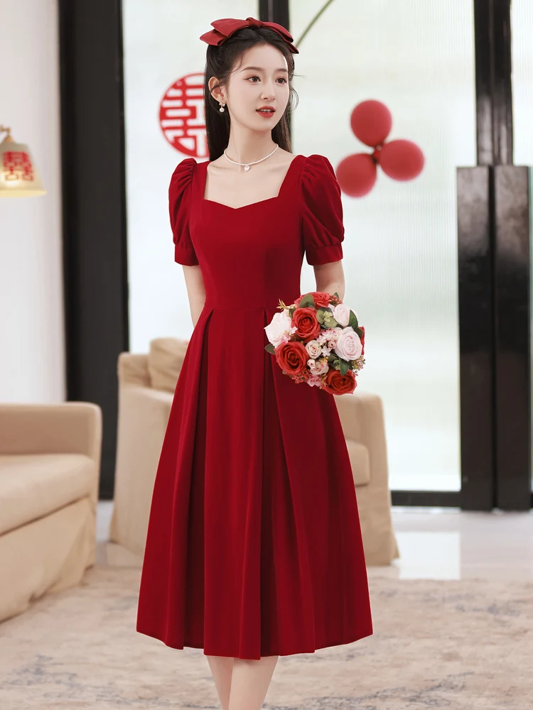 

Red Wedding Dr for Bride Summer New Sle Par Evening Gown Korean Sle Zipper ort Sve A-Line Skirt for Engagement