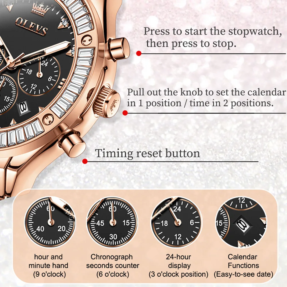 OLEVS Quartz Watch for Women Multifunction Diamond Dial Leather Strap Waterproof Chronograph Date Women\'s Watches 2024 Trend