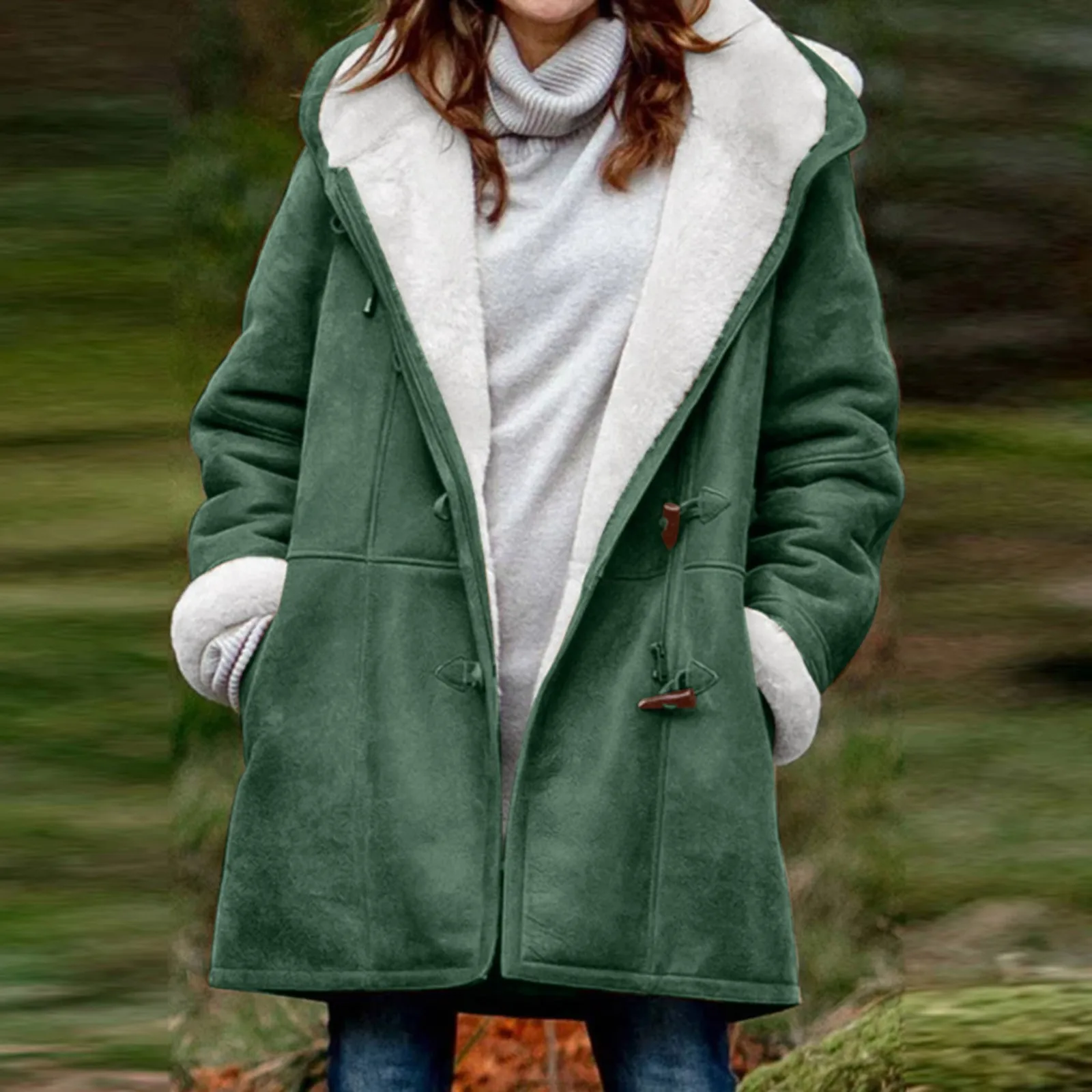 Cappotto da donna autunno inverno a maniche lunghe con fibbia in corno giacca calda in pile da donna con cappuccio