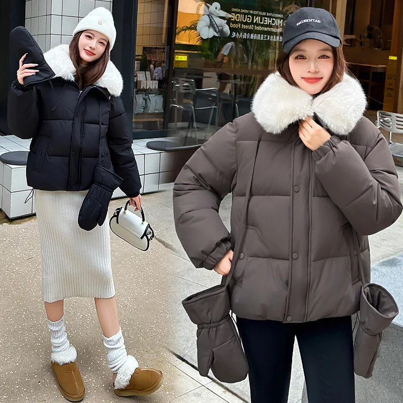 Women Short Parkas Coats Oversize Jacket Gloves Solid Drawstring Hem Big Fur Collar Zipper Looose Thick Office Lady Winter 2025