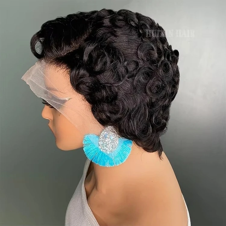 100% Virgin Human Hair 13x4 Full Lace Transparent Frontal Wig Curly Wave Black Color for Women