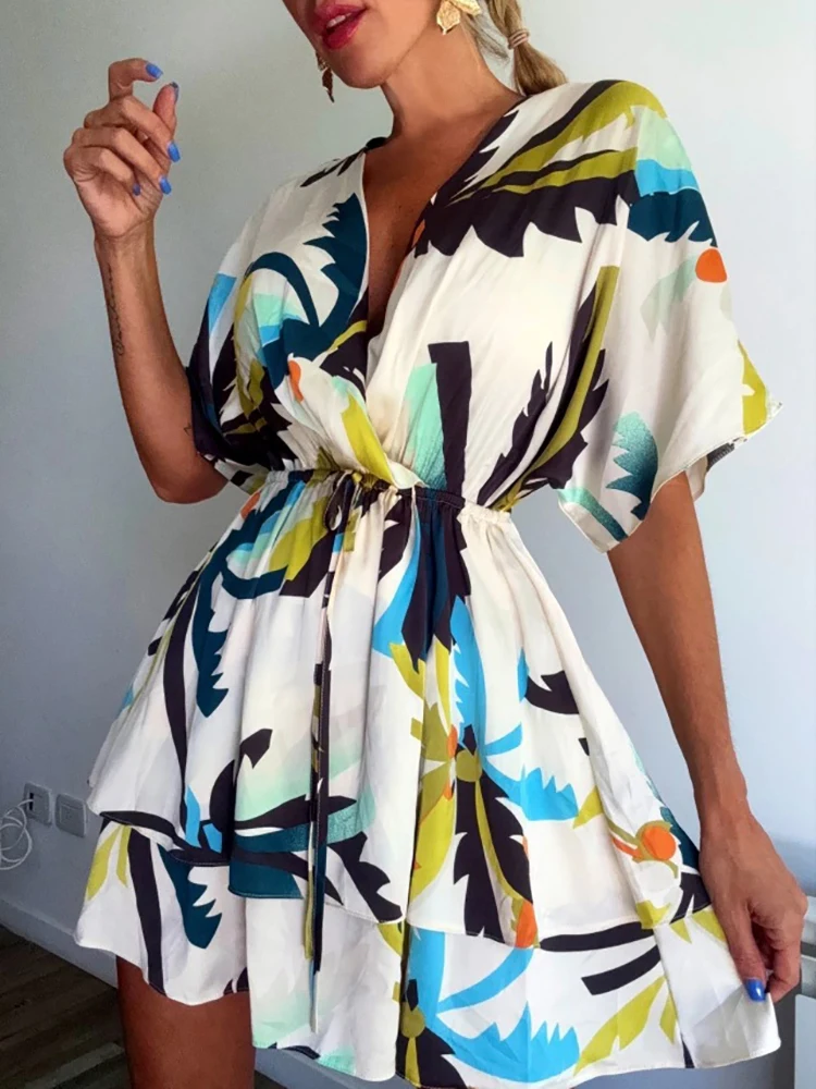Sexy V-neck Short Sleeve A-Line Dress Fashion Abstract Color Block Print Draped Short Dress Women Elegant Drawstring Mini Dress