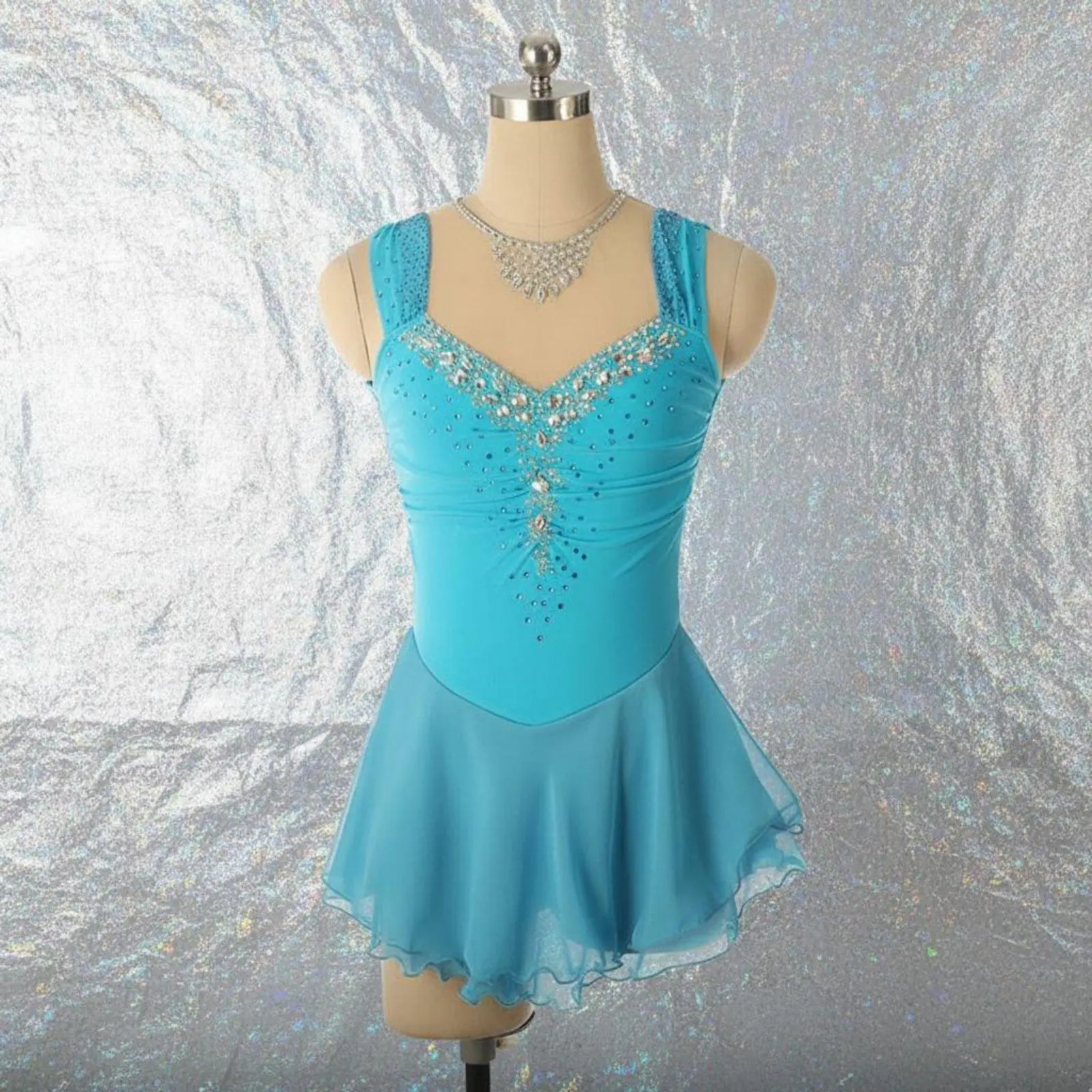 Glitter Rhinestone Figure Skating Dress for Competition Training Stretchy Nylon Ice Skating Outfit with Flared Skirt