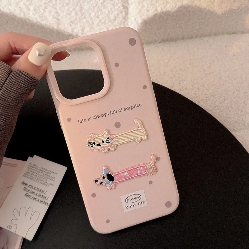Cartoon Stereoskopische Stickerei Dackel Hund Katze Handyhülle für iPhone 18 17 16 15 14 13 12 11 Pro Max Plus Silikonhülle – Detail 7