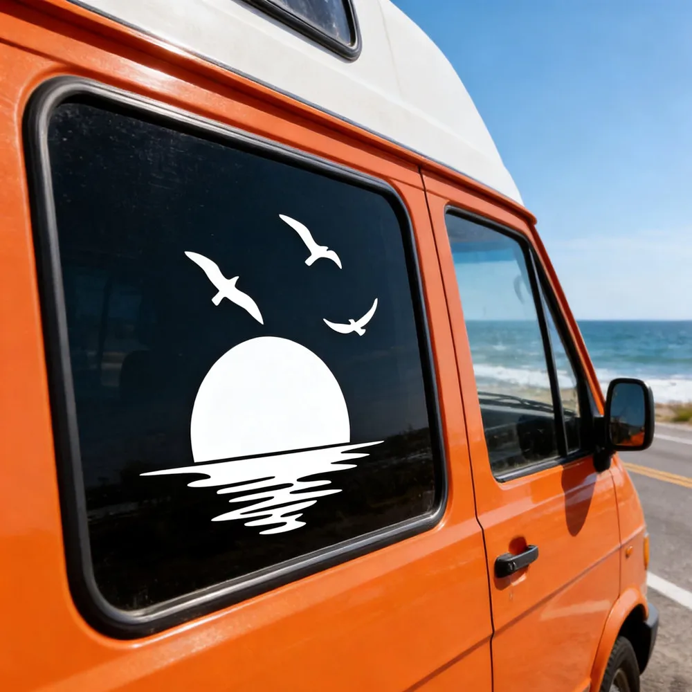 Sunrise Beach Landscape Vinyl Decal, Ocean Coast Sticker for SUV Camper RV Truck Van, Waterproof Auto Exterior Decor