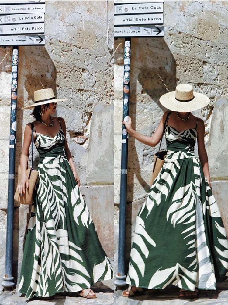 Vestido largo verde para vacaciones de verano, busto de 70-94cm, elegante, ajustado, Sexy, con cuello en V, estilo de vacaciones francés, vestido con tirantes y abertura lateral estampado
