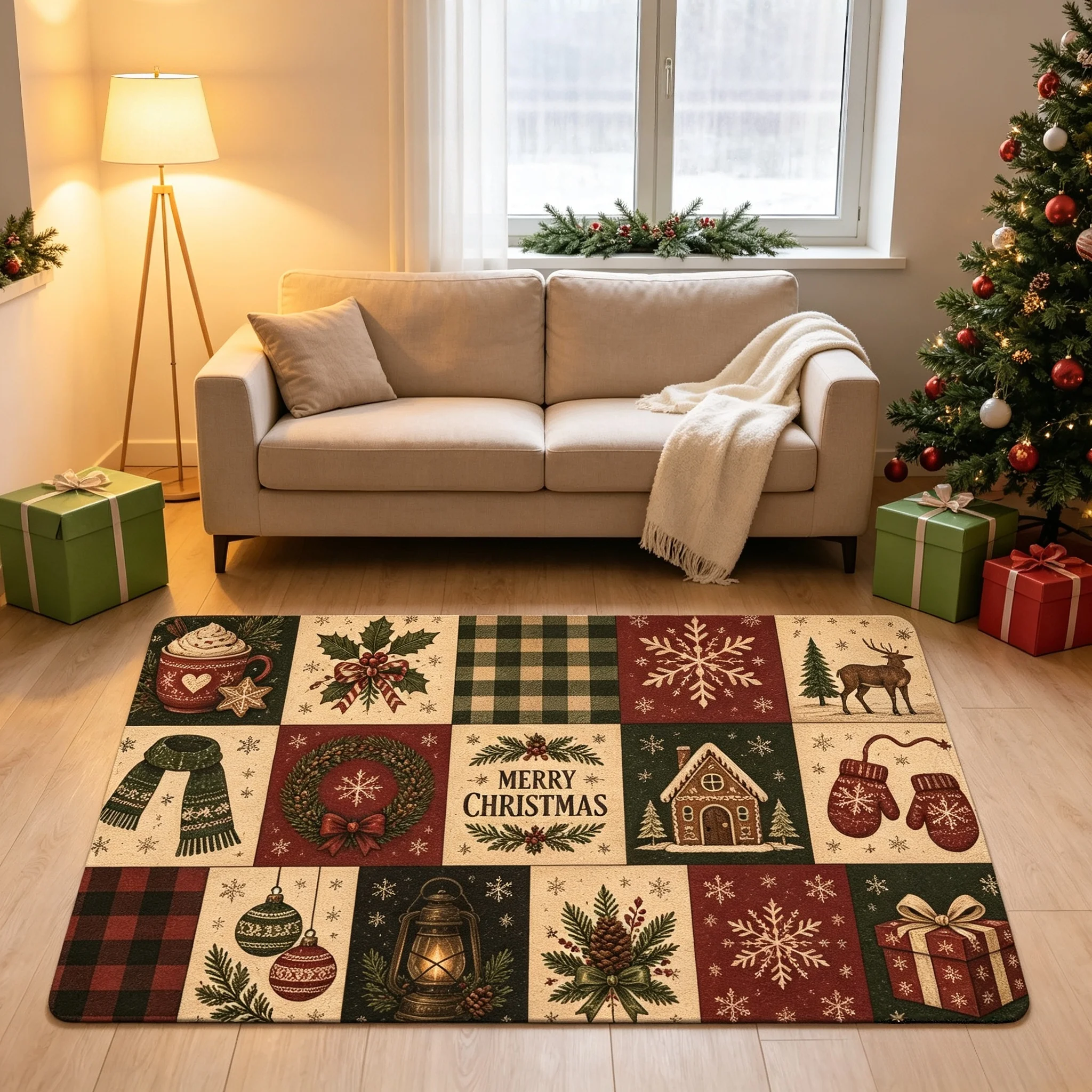 Retro Christmas Patchwork Area Rug Knit Scarf Mitten Pine Wreath Print Mat Entryway Holiday Home Ornament