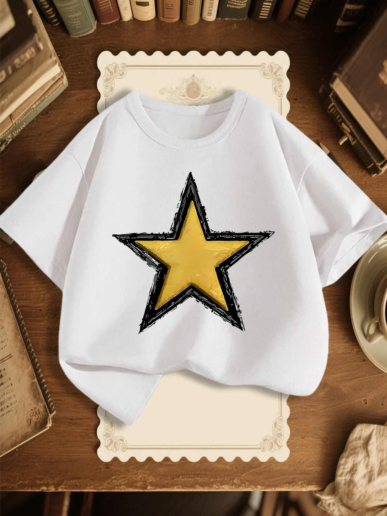 Cute Hand Drawn Yellow Star Print Graphic Kids Tee Boys Girls Family Matching Cotton Crew Neck Short Sleeve Soft Summer Tee